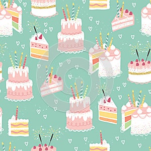 Fun hand drawn party seamless background with cute decorated cakes. Great for birthday parties, textiles, banners, wallpapers,