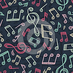 Fun hand drawn party seamless pattern with music notes, elegant background, great for textiles, banners, wallpapers, wrapping, New