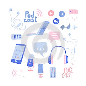 Fun hand drawn Podcast elements, headphones, microphone, laptop, smartphone, speech bubbles. Podcast recording and listening -