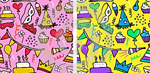 Fun and colorful happy birthday doodle. Seamless pattern set design