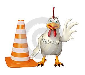 fun Hen cartoon character with construction cone