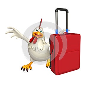 fun Hen cartoon character with travel bag