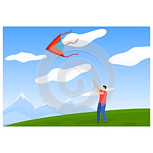 Fun hobby activity, happy leisure with sky kite at wind, vector illustration. Cute boy girl child play with flying toy