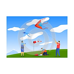 Fun hobby activity, happy leisure with sky kite at wind, vector illustration. Cute boy girl child play with flying toy