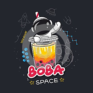 Fun illustration featuring an astronaut on a bubble tea cup amidst a space doodle backdrop