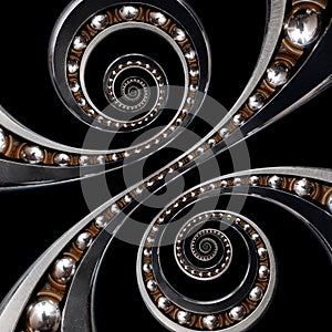 Fun incredible Industrial Ball Bearing. Double spiral effect technology black background. Funny abstract texture fractal