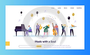 Fun Jazz Concert Show Concept Landing Page. Musician Character with Musical Instrument Saxophone Piano Violin Trumpet