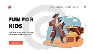 Fun for Kids Landing Page Template. Child Pirate Wear Corsair Suit, Eye Patch and Saber on Secret Island, Funny Rover