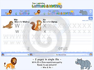 Fun learning Letter and writing animals two pages in single file Walrus and Xerus