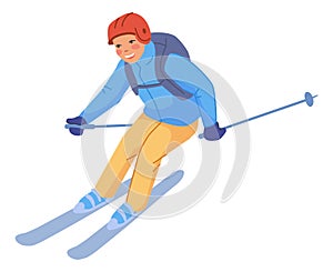 Fun little boy riding on skis. Healthy child activity