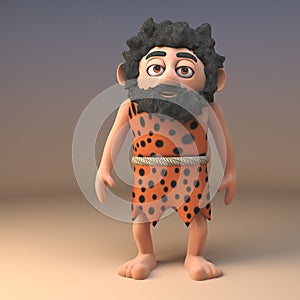 Fun loving caveman savage character in animal pelt stands peacefully and still, 3d illustration