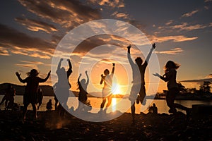 Fun loving group silhouettes leap into the sunset glow, summer season nature image