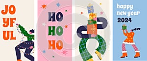 Fun Merry Christmas and Happy New Year banner, Christmas background and card with groovy, hippie bizarre