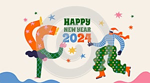 Fun Merry Christmas and Happy New Year banner, Christmas background and card with groovy, hippie bizarre