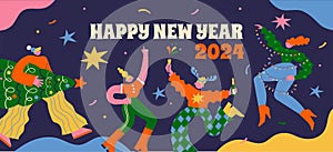 Fun Merry Christmas and Happy New Year banner, Christmas background and card with groovy, hippie bizarre