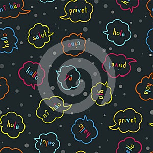 Fun multilingual colorful seamless pattern - greeting in various languages, conversation, communication background, great for neon