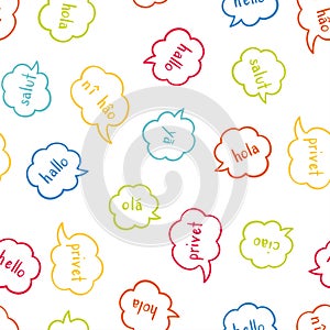 Fun multilingual colorful seamless pattern - greeting in various languages, conversation, communication background, great for neon