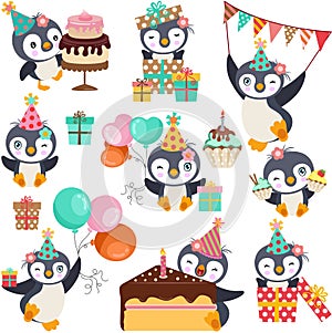 Fun package of happy birthday party penguin set digital elements