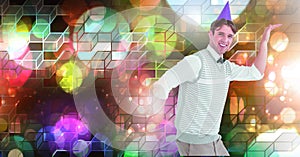 Fun party man dancing with geometric party lights venue atmosphere