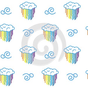 Fun pattern. Hand-drawn endless doodle pattern with rainy clouds and rainbow. Sky seamless background.