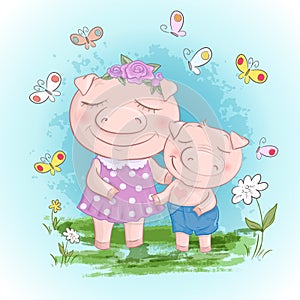 Fun Pig Family Mother and Son. Funny cartoon pigs