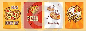 Fun pizza posters set. Social media and menu template with street food, lunch in restaurant or cafe. Kitchen decoration