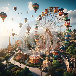 A fun place with a playgorund of ferris wheel, carousel, roller coaster, air ballons, greenery, seaside, exciting, games, design