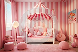 Fun and playful girl's room reminiscent of a pink candy land. Striped pink and white walls, candy-shaped cushions