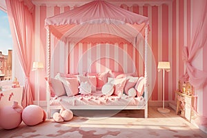 Fun and playful girl's room reminiscent of a pink candy land. Striped pink and white walls, large window