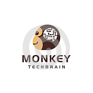 Fun playful minimalist monkey head with digital connection circuit brain logo icon vector