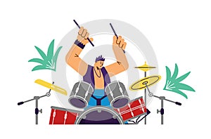 Fun playing man drummer character flat style, vector illustration