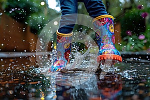 Fun Puddle Ride: Happy Kid Jumping In Boots Creating Fun Water Splashes In The Rain