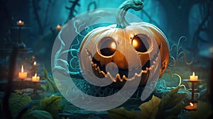 Fun pumpkin smiling in blue blurred forest with fallen leaves and dark trees, Halloween scary holiday concept with copy space