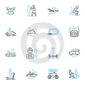 Fun pursuit linear icons set. Adventure, Joy, Recreation, Thrill, Excitement, Laughter, Playtime line vector and concept