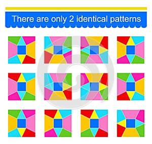 Fun puzzle game. Find two identical patterns. Task for development of attention and logic. Vector illustration