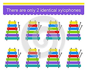 Fun puzzle game. Find two identical xylophones. Task for development of attention and logic. Vector