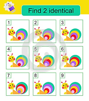 Fun puzzle game. Need to find two identical cartoon snails. Task for development of attention and logic