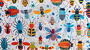 A fun and quirky fabric with a repeating pattern of cartoonlike insects perfect for a childs room decor. photo