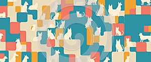 fun and quirky pattern featuring white cat silhouettes within colorful rounded rectangles in shades of teal, orange, and pink on a photo