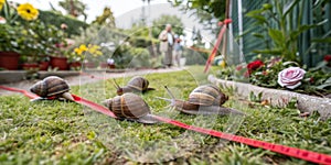 Snail racing. Three snails racing towards red finish line photo