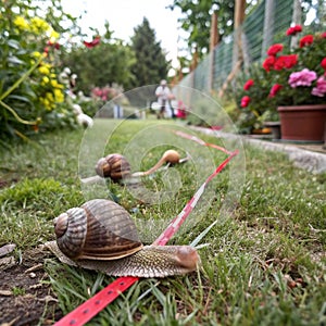 Snail racing. Three snails racing towards red finish line photo