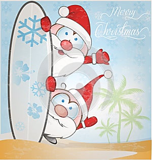 Fun santa claus cartoon with surfboard photo