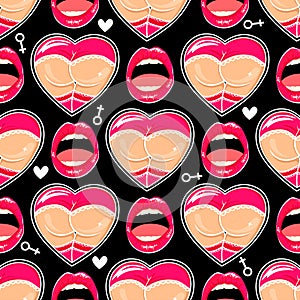 Fun seamless pattern with body parts, hearts in style pop art.