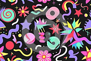 Fun shapes children seamless pattern. Flower geometric neon bright color funky groovy 90s cartoon isolated print pattern