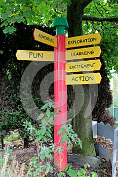 Fun signpost pointing to adventure and excitement