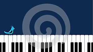 Fun simple Music concept background with piano keys and small blue bird. Vector illustration on isolated background. Horizontal
