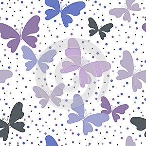 Fun simple seamless spring pattern with flying butterflies and colorful dots in pastel colors