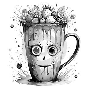 Fun smiling mug of fruits and flowers