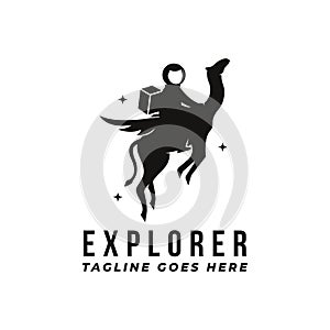 Fun space explorer logo vector, astronaut ride flying camel, astronomy astronaut logo icon vector template