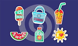 Fun Summer Stickers Set, Holidays Trendy Bright Patches Vector Illustration